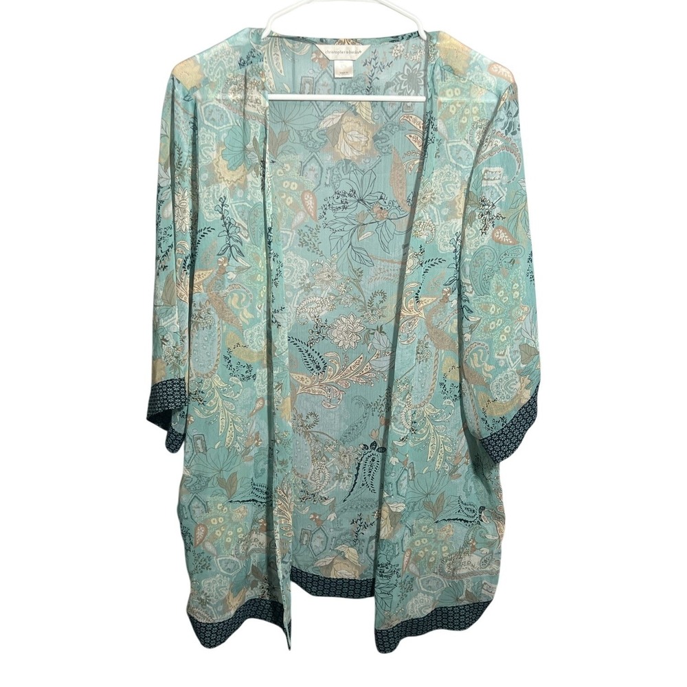 Christopher & Banks Women's L/XL Teal Floral Paisley Sheer Kimono Cardigan Top